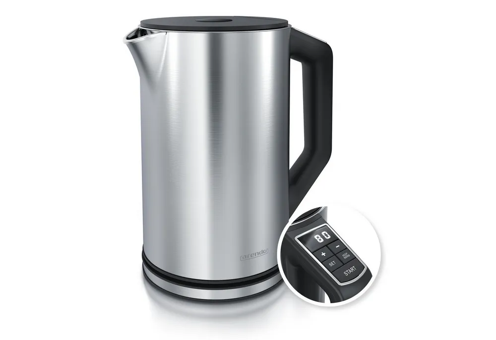 Arendo Wasserkocher Doppelwand, Edelstahl, Temperatureinstellung 40°–100°C mit Anzeige, 1,5 l, 2200 W, in 5 °C-Schritten einstellbar, Teekocher mit Temperaturanzeige