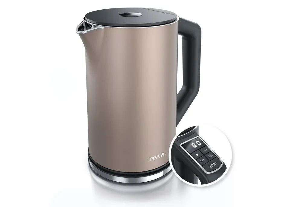 Arendo Wasserkocher Doppelwand, Edelstahl, Temperatureinstellung 40°–100°C mit Anzeige, 1,5 l, 2200 W, in 5 °C-Schritten einstellbar, Teekocher mit Temperaturanzeige