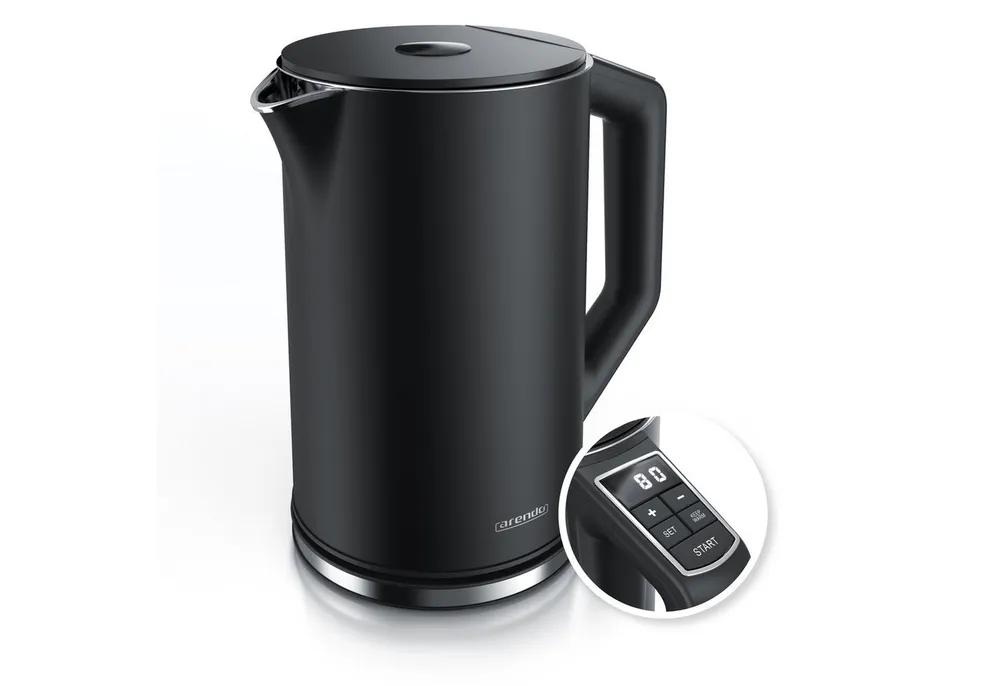 Arendo Wasserkocher Doppelwand, Edelstahl, Temperatureinstellung 40°–100°C mit Anzeige, 1,5 l, 2200 W, in 5 °C-Schritten einstellbar, Teekocher mit Temperaturanzeige