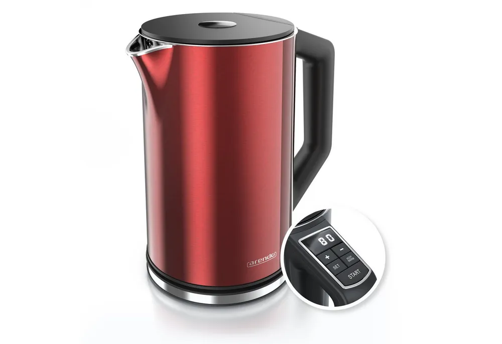 Arendo Wasserkocher Doppelwand, Edelstahl, Temperatureinstellung 40°–100°C mit Anzeige, 1,5 l, 2200 W, in 5 °C-Schritten einstellbar, Teekocher mit Temperaturanzeige