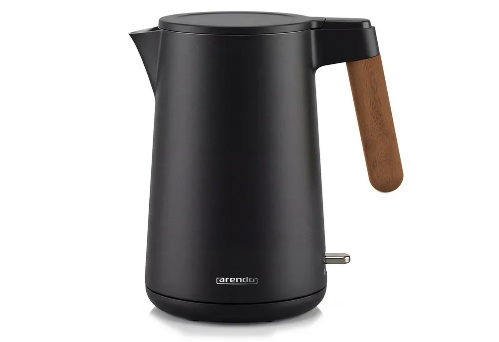 Arendo Wasserkocher Edelstahl, Doppelwand, Cool-Touch, 360° Basis, mit Griff in Holzoptik, 1,5 l, 2200 W, Trockengehschutz & Überhitzungsschutz, BPA-frei, GS Geprüft