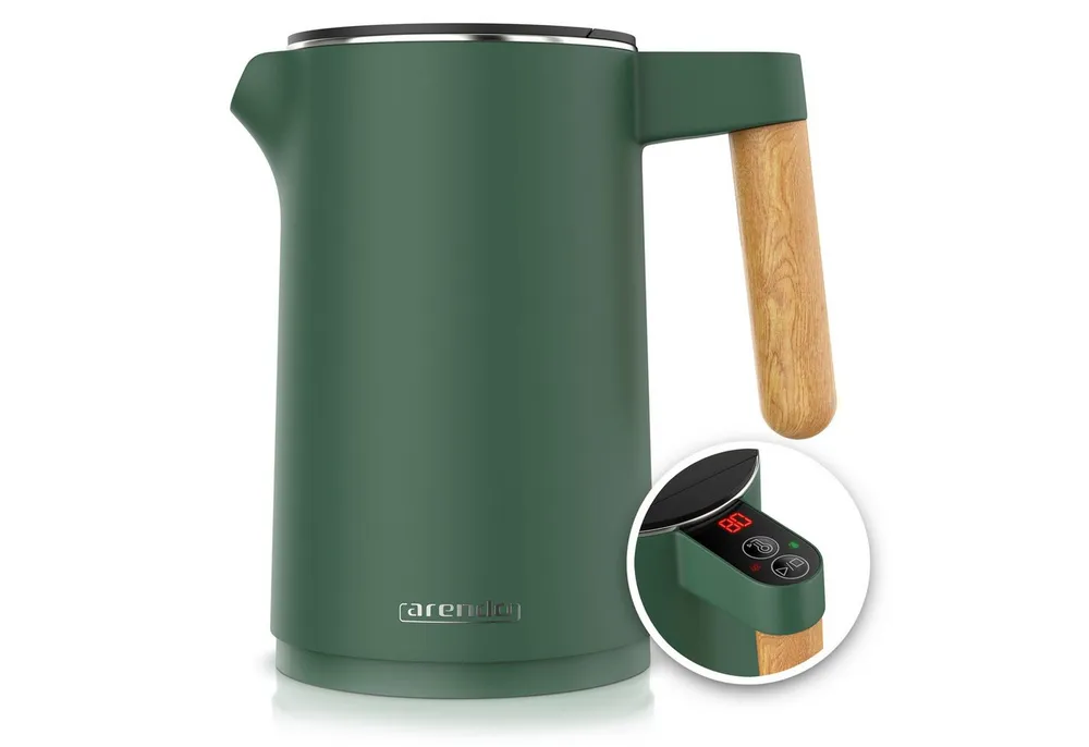 Arendo Wasserkocher Edelstahl, Doppelwand, Temperatureinstellung 40° - 100 °C mit Anzeige, 1,5 l, 2200 W, Warmhaltefunktion, 360° Basis, mit Griff in Holzoptik, BPA-frei