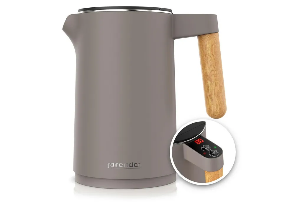 Arendo Wasserkocher Edelstahl, Doppelwand, Temperatureinstellung 40° - 100 °C mit Anzeige, 1,5 l, 2200 W, Warmhaltefunktion, 360° Basis, mit Griff in Holzoptik, BPA-frei