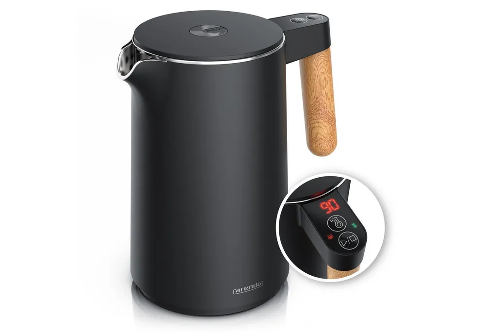 Arendo Wasserkocher Edelstahl, Doppelwand, Temperatureinstellung 40° - 100°C mit Anzeige, 1,5 l, 2200 W, Warmhaltefunktion, 360° Basis, mit Griff in Holzoptik, BPA-frei