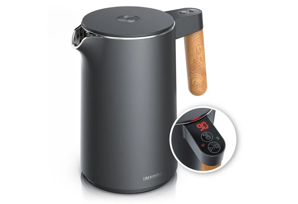 Arendo Wasserkocher Edelstahl, Doppelwand, Temperatureinstellung 40° - 100 °C mit Anzeige, 1,5 l, 2200 W, Warmhaltefunktion, 360° Basis, mit Griff in Holzoptik, BPA-frei