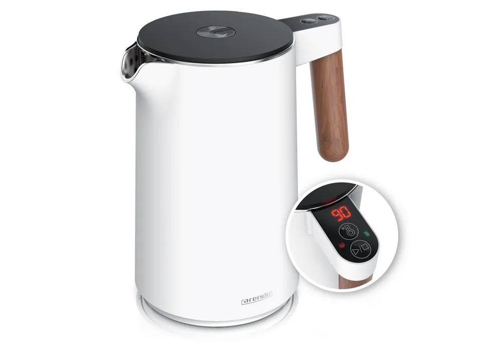 Arendo Wasserkocher Edelstahl, Doppelwand, Temperatureinstellung 40° - 100 °C mit Anzeige, 1,5 l, 2200 W, Warmhaltefunktion, 360° Basis, mit Griff in Holzoptik, BPA-frei