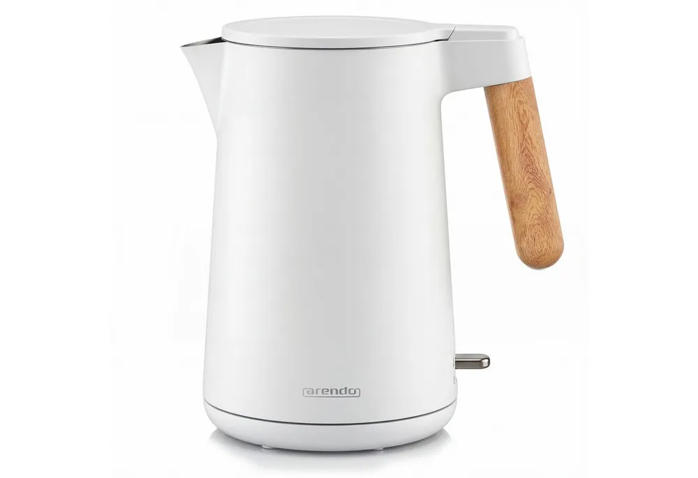 Arendo Wasserkocher Edelstahl, Doppelwand, Cool-Touch, 360° Basis, mit Griff in Holzoptik, 1,5 l, 2200 W, Trockengehschutz & Überhitzungsschutz, BPA-frei, GS Geprüft
