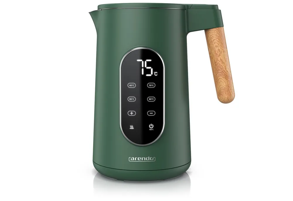 Arendo Wasserkocher Edelstahl, Doppelwand, Temperatureinstellung 40° - 100 °C mit Anzeige, 1,7 l, 2200 W, LED-Display, 5 Direktwahltemperaturen, Holzoptik-Griff, BPA-frei