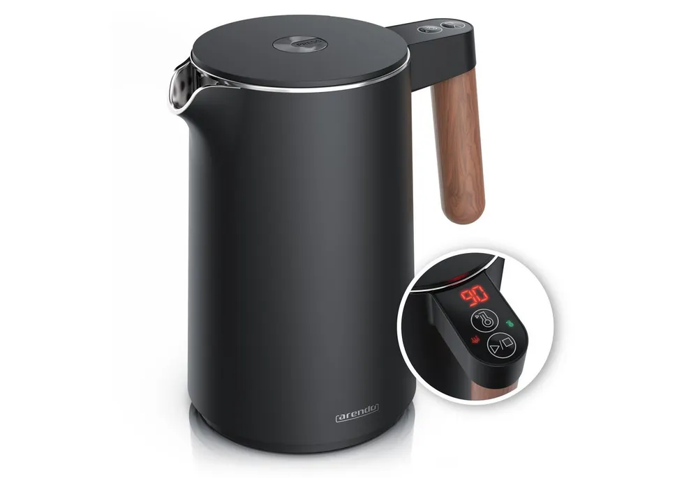 Arendo Wasserkocher Edelstahl, Doppelwand, Temperatureinstellung 40° - 100 °C mit Anzeige, 1,5 l, 2200 W, Warmhaltefunktion, 360° Basis, mit Griff in Holzoptik, BPA-frei