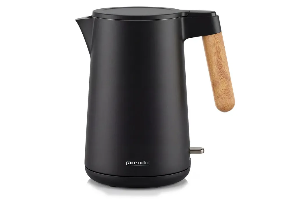 Arendo Wasserkocher Edelstahl, Doppelwand, Cool-Touch, 360° Basis, mit Griff in Holzoptik, 1,5 l, 2200 W, Trockengehschutz & Überhitzungsschutz, BPA-frei, GS Geprüft