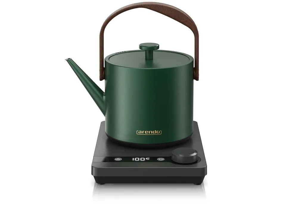 Arendo Wasserkocher Edelstahl, Retro, Temperatureinstellung 40°-100°C, 0.6 l, 1200 W, Schwanenhals‑Ausguss, BPA‑frei, Warmhaltefunktion, Teekocher