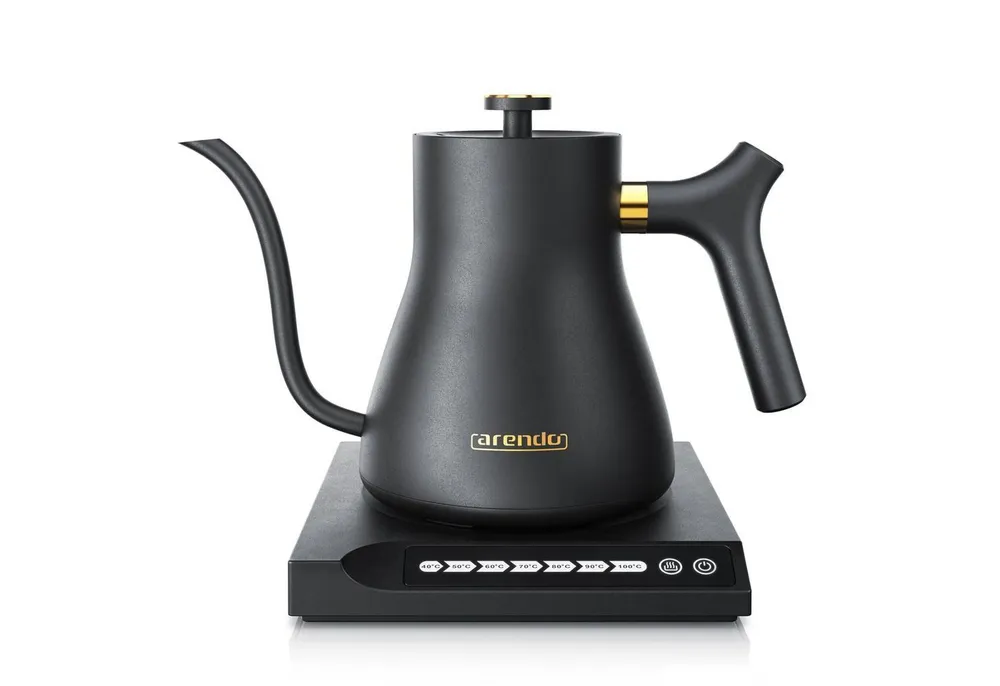 Arendo Wasserkocher Edelstahl, Schwanenhals, mit Temperatureinstellung, Warmhaltefunktion, 0,5 l, 1000 W, Temperaturwahl 40° - 100°, 360° Basis, Retro Design, Sensortasten