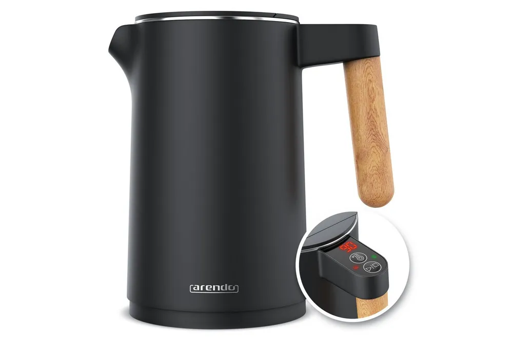 Arendo Wasserkocher Edelstahl, Temperatureinstellung 40° - 100 °C mit Anzeige, Doppelwand, 1,5 l, 2200 W, Warmhaltefunktion, 360° Basis, mit Griff in Holzoptik, BPA-frei