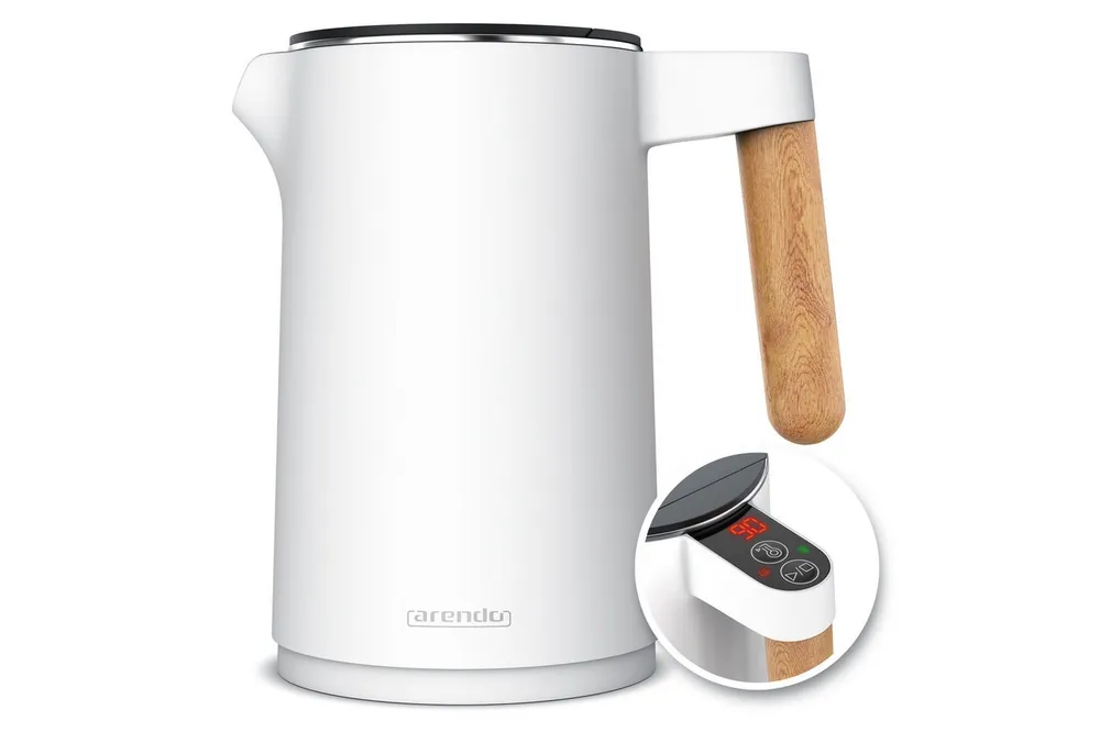 Arendo Wasserkocher Edelstahl, Temperatureinstellung 40° - 100 °C mit Anzeige, Doppelwand, 1,5 l, 2200 W, Warmhaltefunktion, 360° Basis, mit Griff in Holzoptik, BPA-frei