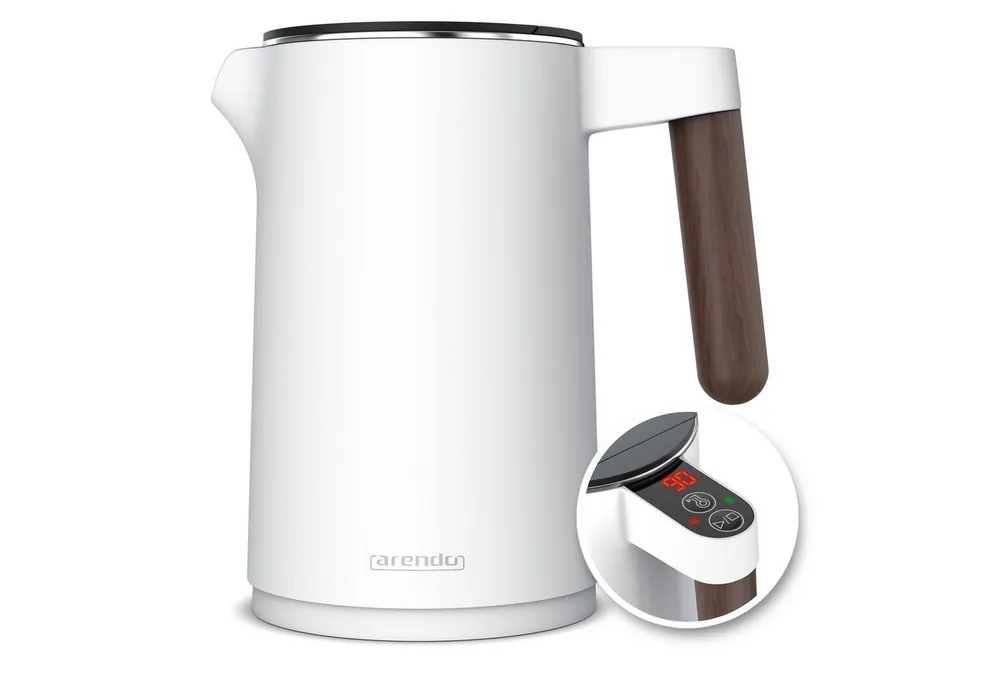 Arendo Wasserkocher Edelstahl, Temperatureinstellung 40° - 100 °C mit Anzeige, Doppelwand, 1,5 l, 2200 W, Warmhaltefunktion, 360° Basis, mit Griff in Holzoptik, BPA-frei