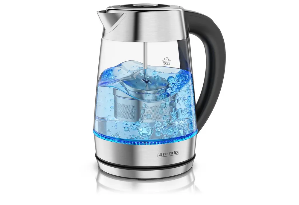 Arendo Wasserkocher Glas & Edelstahl 2in1 Teebereiter mit Teesieb & 5 Temperaturen, 1.7 l, 2200 W, Teekocher für losen Tee, 5 Stufen 40-100°C, LED-Licht & 2h Warmhalten