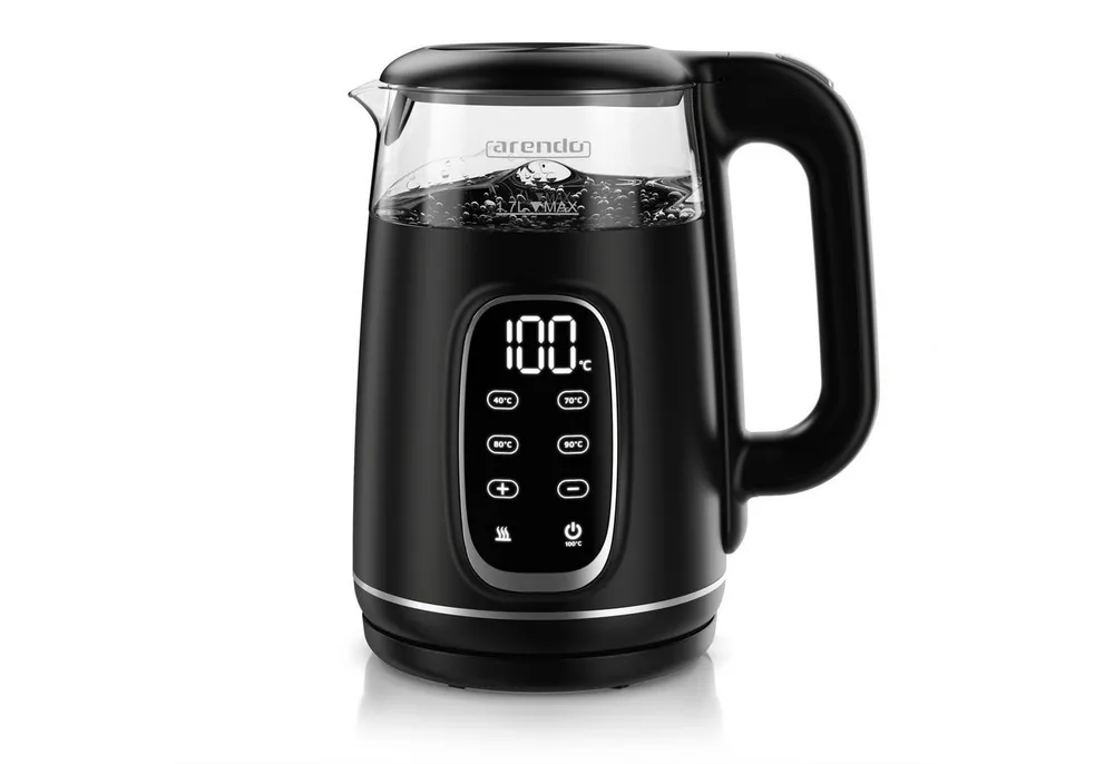 Arendo Wasserkocher Glas & Edelstahl, Temperatureinstellung 40°–100°C, Anzeige, Doppelwand, 1,7 l, 2200 W, Echtzeit‑Temperaturanzeige, 5°C‑Schritte, Warmhalten 120 min, BPA‑frei