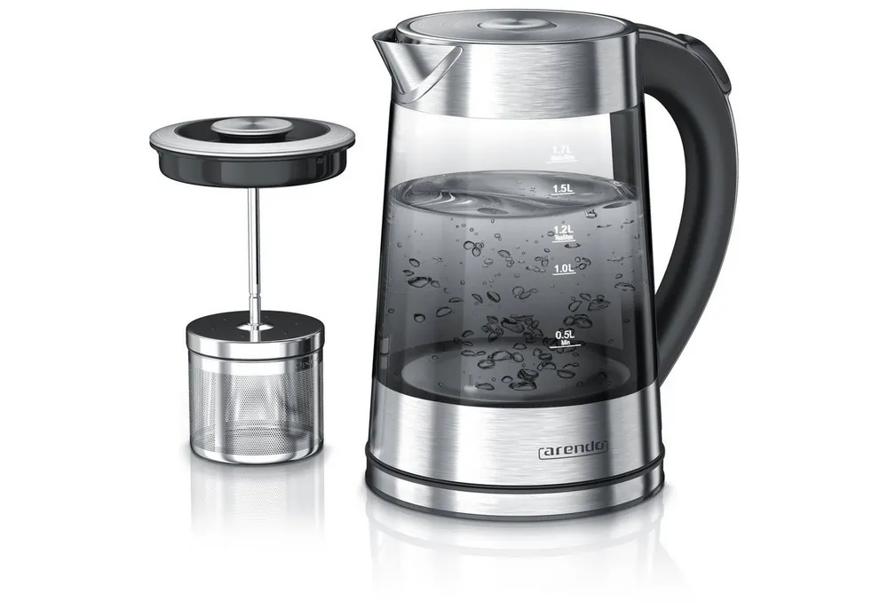 Arendo Wasserkocher Glas & Edelstahl, Temperatureinstellung, Teesieb, Rauchglas, Teekocher, 1,7 l, 2200 W, Temperaturwahl 40° C - 100° C, Abschaltautomatik, Warmhaltefunktion