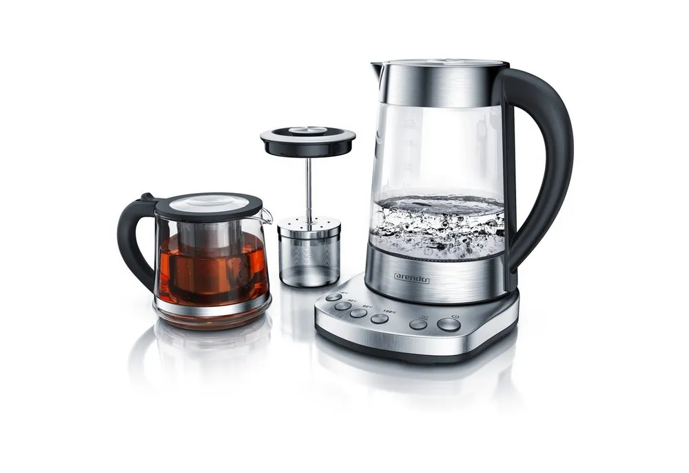 Arendo Wasserkocher Glas, Temperatureinstellung, Teesieb & Aufsatz, Türkischer Teekocher, 1,7 l, 2400 W, mit Teeaufsatz, Temperatureinstellung 70 - 100° C, Abschaltautomatik