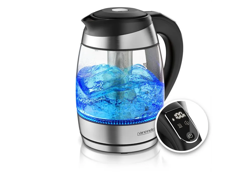 Arendo Wasserkocher Teekocher aus Glas & Edelstahl mit Temperatureinstellung und Teesieb, 1,8 l, 2200 W, Temperaturwahl 40° C - 100° C, Überhitzungsschutz, Warmhaltefunktion
