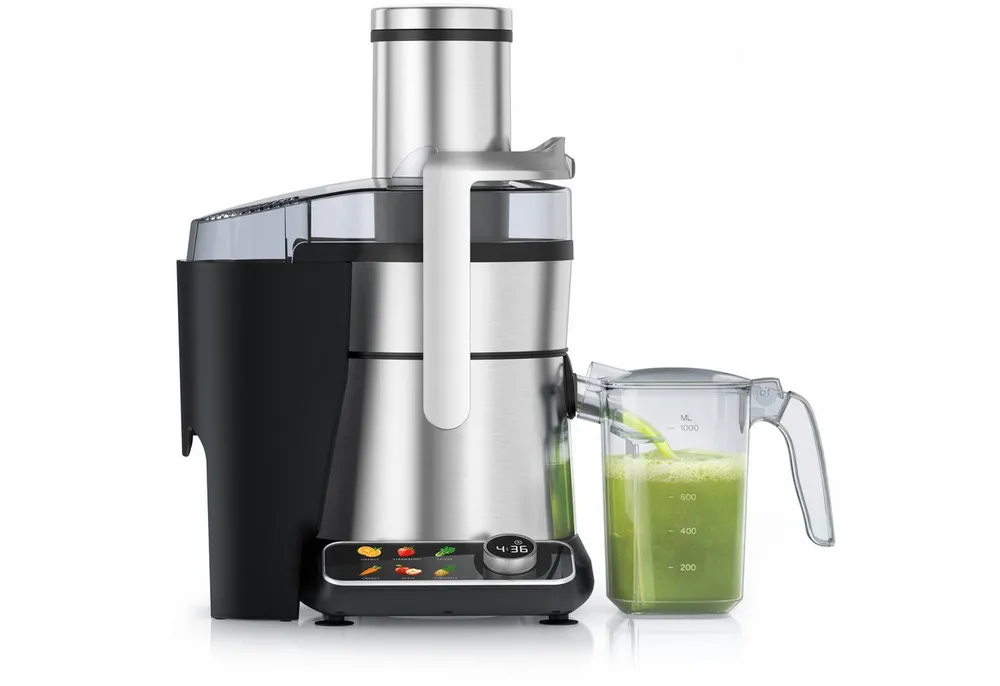 Arendo Zentrifugenentsafter Zentrifugaler Edelstahl Entsafter digital für Obst & Gemüse, BPA Frei, 1000 W, 85mm XXL-Einfüllschacht, 6 Programme, Display, Tropfstopp, Farbsymbole