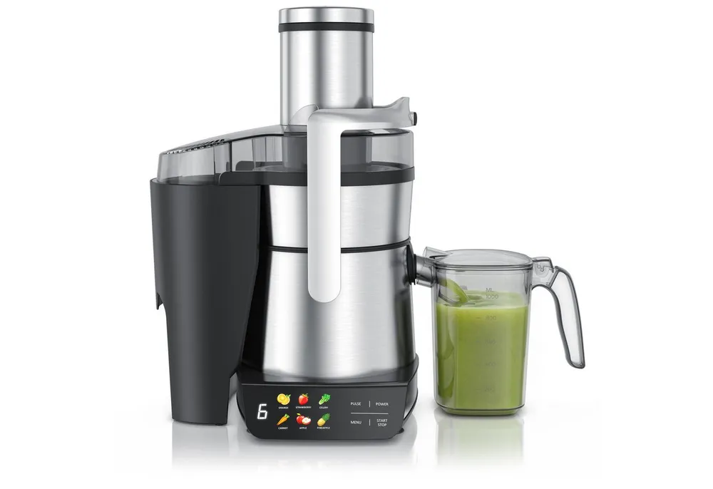 Arendo Zentrifugenentsafter Zentrifugaler Edelstahl digital Entsafter, Obst & Gemüse, Farbsymbole, 1000.0 W, 85mm XXL-Schacht, LED-Touch-Display, BPA-frei & Edelstahl-Design