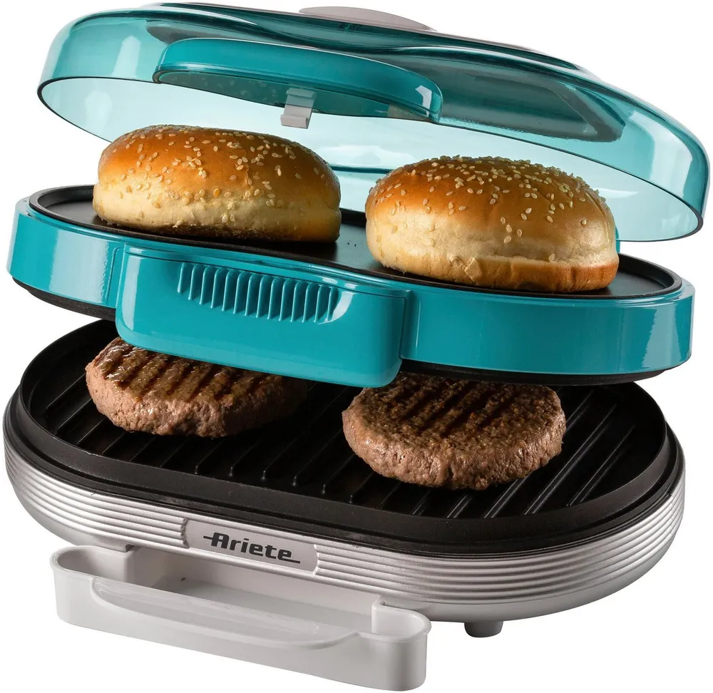 Ariete Hamburger Maker 205B Party Time Hambuger Maker, blau, 1200 W, 2 Grillplatten: unten für Burger und oben für Hamburger Brötchen
