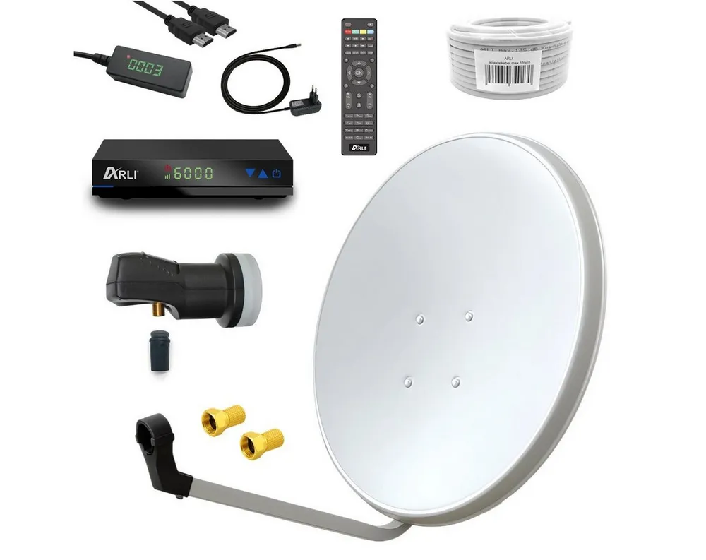 ARLI ARLI 60 cm HD Sat Anlage weiss Set inkl. Receiver +Kabel +Stecker SAT-Antenne (60 cm, Stahl)