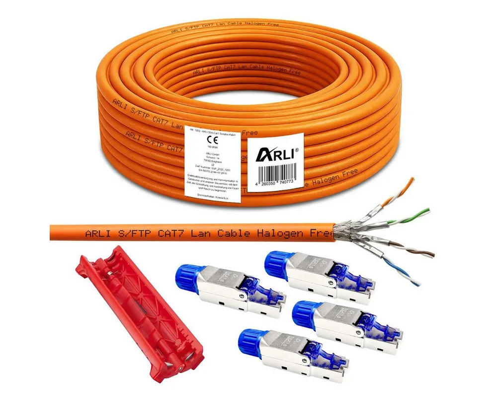 ARLI Installationskabel, RJ45, RJ-45 (Ethernet) (5000 cm), ARLI Verlegekabel Cat7 50m Label + 4x RJ45 Netzwerkstecker