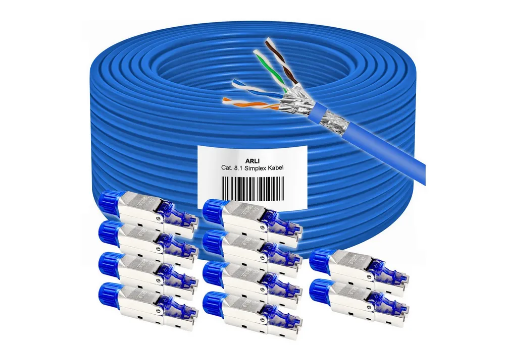 ARLI Verlegekabel 50m Cat 8.1 Netzwerkkabel + 10x RJ45 Netzwerkstecker Installationskabel, RJ45 Netzwerkstecker CAT8.1, (5000 cm), verdrillt zu 4 Paaren
