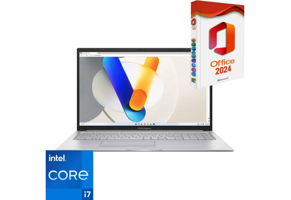 Asus VivoBook X170, Intel Core i7-1335U, beleuchtete Tastatur, Notebook (Intel Core i7 1335U, Intel Iris Xe Grafik, 8 GB, 256 GB SSD, Windows 11 Pro, MS Office 2024 Pro Dauerlizenz)