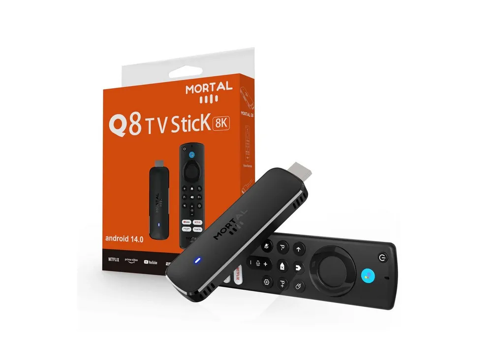 Athlix Streaming-Stick Mortal Q8 Streaming Stick Heimkino Media Player TV Stick Android 14.0, 4K UHD, WiFi 6, 16 GB Speicher, Quad-Core-Prozessor