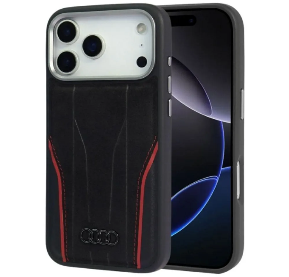 Audi Handyhülle iPhone 17 Pro Echtleder R8 MagSafe schwarz rot Logo Metall 6,3 Zoll, Kantenschutz