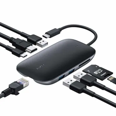 USB-C Hub Aukey CB-C71 100W Aluminium Schwarz HDMI RJ-45 SD Kartenleser
