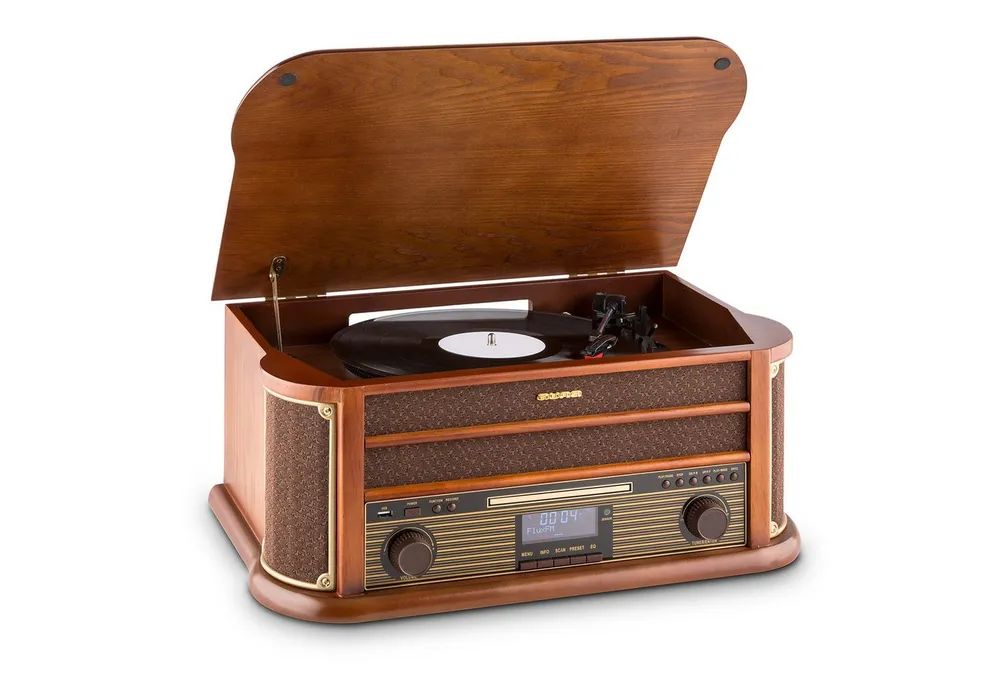 Auna Belle Epoque 1908 Plattenspieler (Riemenantrieb, Schallplattenspieler Retro mit Lautsprecher Radio Vinyl Plattenspieler)
