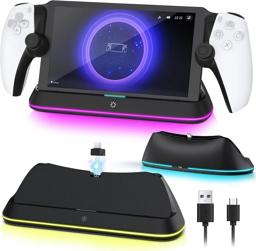 AURIVION Ladestation für PlayStation Portal mit RGB Licht & Typ-C Controller (Set, 1 St., PS Portal Ladeständer mit Pogo-Pin & stabilem Design)