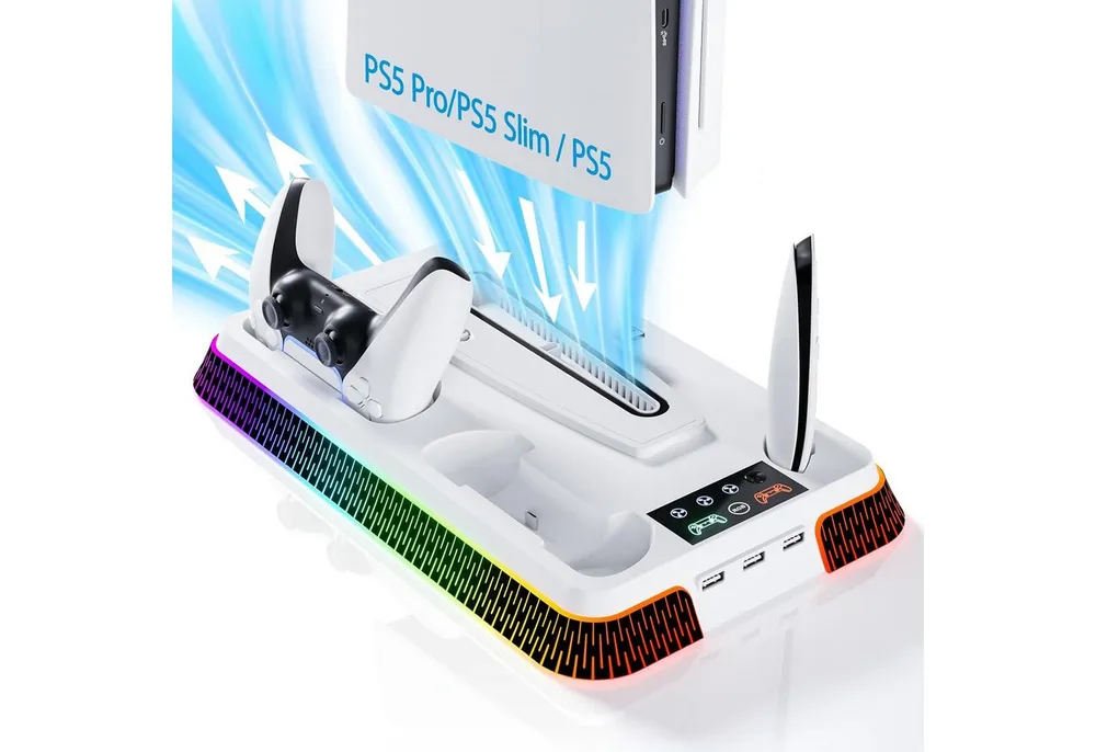 AURIVION PS5 Kühlstation mit RGB, Turbo Lüfter & Dual Ladestation Controller (Set, 1 St., PS5 Pro Ständer mit 3-stufigem Lüfter und Headset Halter)