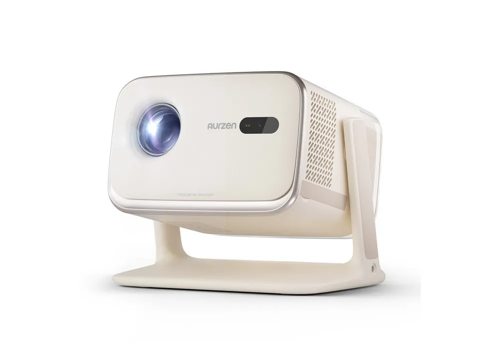 Aurzen BOOM Mini Smart Projektor mit Google TV, 4K Unterstützt Beamer (1000:1, Native 1920x1080 px, 500 ANSI lm, 20W Dolby Audio, Echtzeit-Autofokus und Trapezkorrektur)