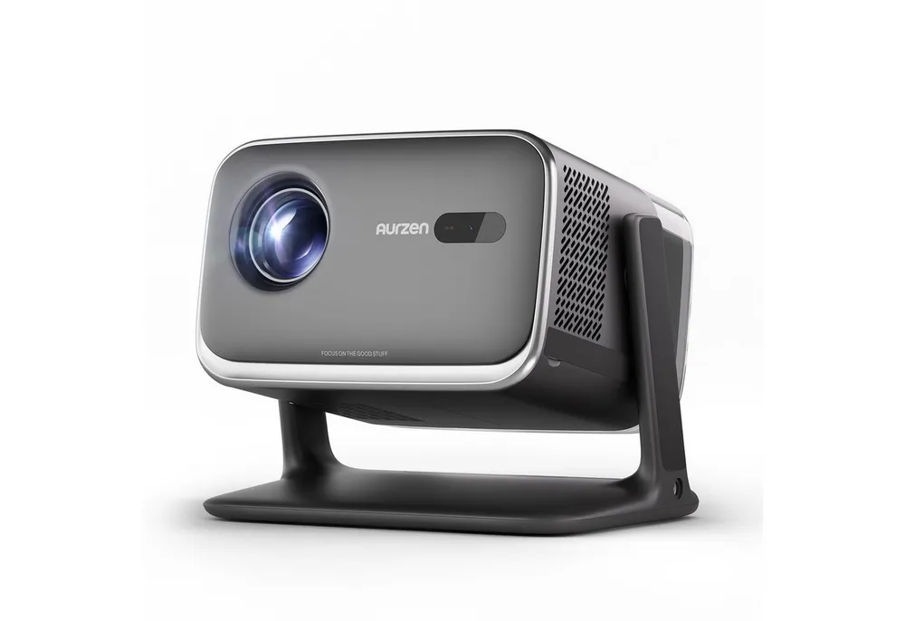 Aurzen BOOM Mini Smart Projektor mit Google TV, 4K Unterstützt Beamer (1000:1, Native 1920x1080 px, 500 ANSI lm, 20W Dolby Audio, Echtzeit-Autofokus und Trapezkorrektur)