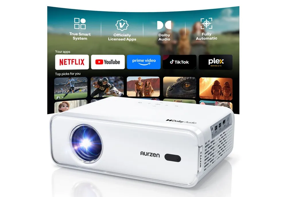Aurzen NetfIix Officially 4K Unterstützt Smart Beamer (3840 x 2160 px, DoIby Audio, Autofokus & Trapezkorrektur, WiFi Bluetooth Projektor)