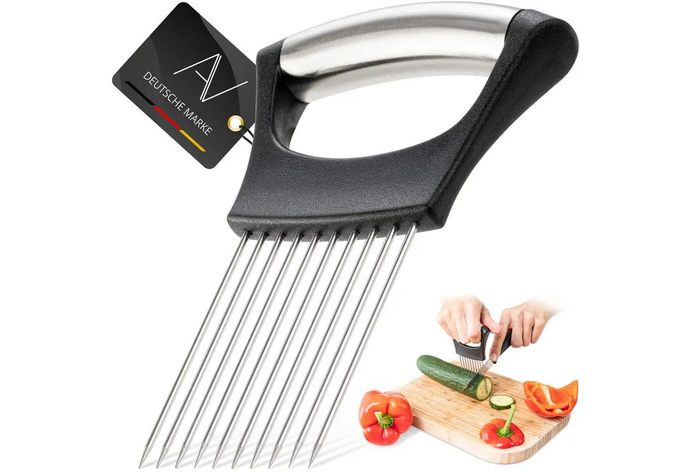 AVANA Gemüseschneider Zwiebelschneider Halter aus Edelstahl Zwiebel Gemüse Schneidehilfe, Zwiebelhalter zum Schneiden