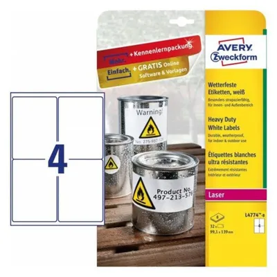 Selbstklebendes Etikett für Drucker Avery L4774-8 A4 Polyester Laser Dauerhaft