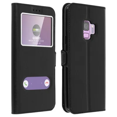 Avizar Schwarzes Bookcase mit Doppelfenster für Samsung Galaxy S9