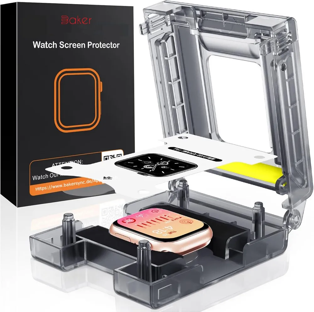 Baker Displayschutzfolie 2x Schutzglas für Apple Watch 4, 5, 7, 8, 9, 10 + Anbringhilfe für 40mm, 41mm, 42mm, 44mm, 45mm, 49mm, 46mm, SE, Ultra, Ultra2, (2 Pack), Einfache Installation, Anti-Staub, Schutzfolie, Panzerglas