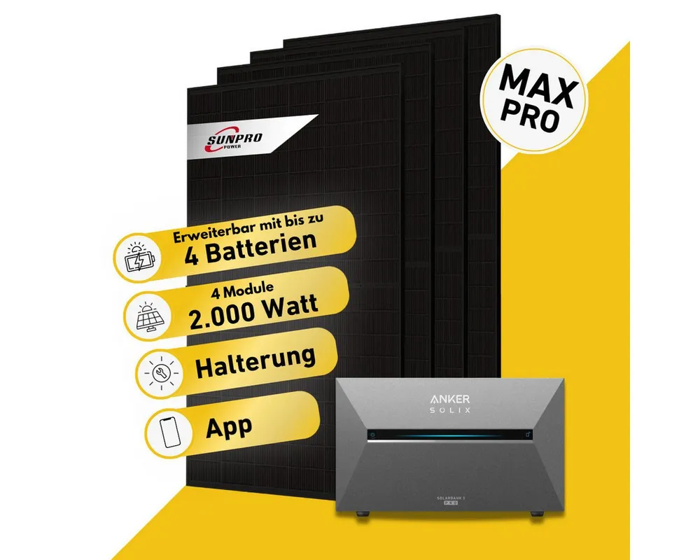 Balkonstrom Balkonkraftwerk MAX Pro 2000 Watt Solaranlage mit Speicher Komplettset Bifazial, 2000 W, Monokristallin, (4x Sunpro Solarmodul á 500 Watt, 1x Anker Solix 3 Pro Solarspeicher E2700, 1-4 Zusatzspeicher BP2700), Halterung für Dach, Fassade, Balkon & Garten, App & Plug&Play DE