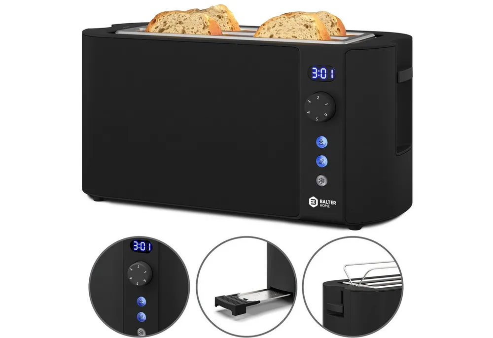 Balter Toaster Toaster TS-04-LCD Edehlstahl Schwarz, Langschlitz, für bis 4 Scheiben, 1500 W, LCD Anzeige