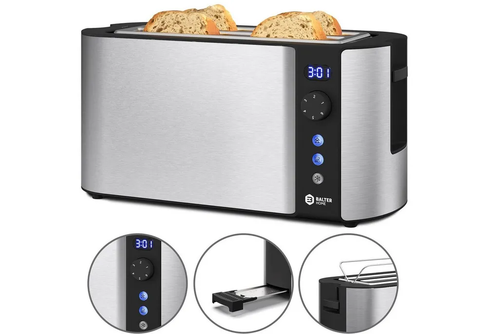Balter Toaster TS-04-LCD Edehlstahl Silber, Langschlitz, für 4 Scheiben, 1500 W, LCD Restzeitanzeige, Auftaufunktion