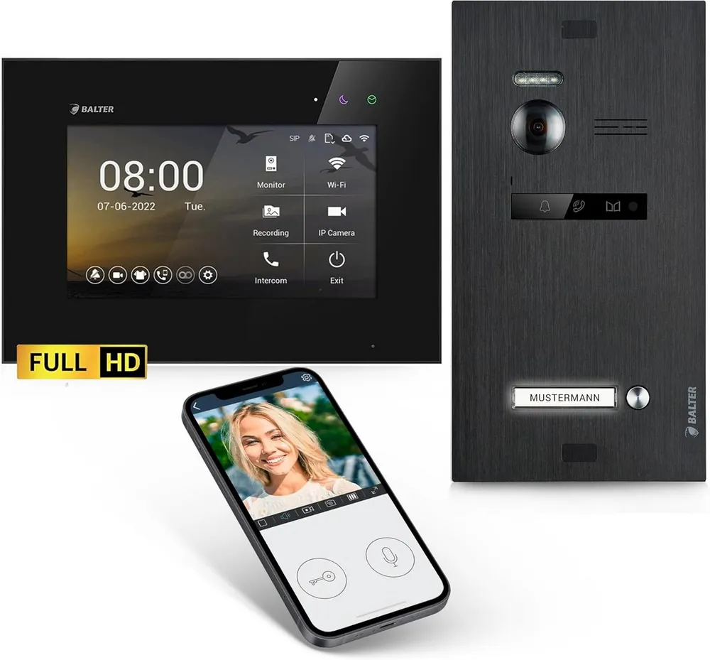 Balter Video-Türsprechanlage EVO HD mit App für 1 Familienhaus, 1x Monitor BL Full HD 2-Draht Black (Einfamilienhaus, Komplettset, 1-tlg., 1 Familienhaus, Full HD Kamera, mit App)