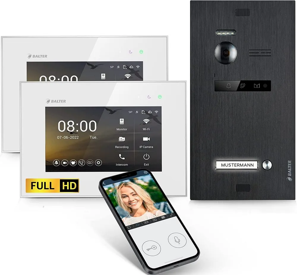 Balter Video-Türsprechanlage EVO HD mit App für 1 Familienhaus, 2x Monitor Full HD 2-Draht Schwarz (Komplettset, 2-tlg., Full HD Kamera, WLAN, App Funktion, Interkom, Videokommunikation)