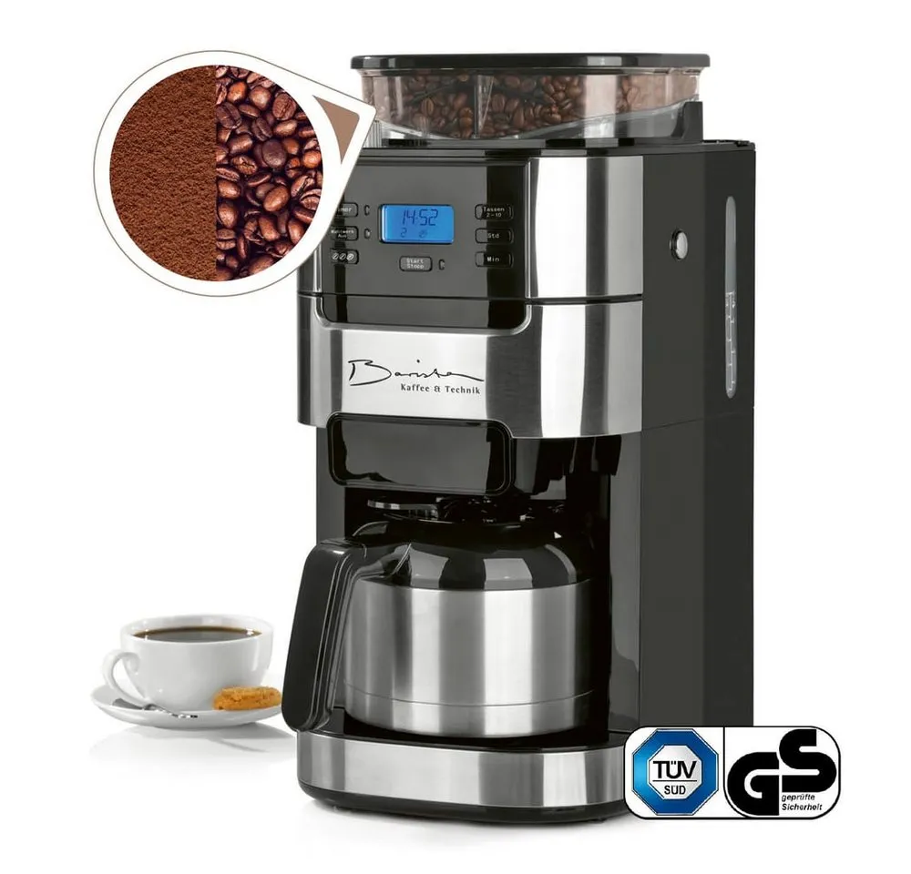 Barista Kaffeemaschine mit Mahlwerk mit verstellbarem Mahlwerk Thermoskanne 24h Timer & Permanentfilter, Kaffeemaschine für Bohnen & Pulver, mit Isolierkanne, 1000W